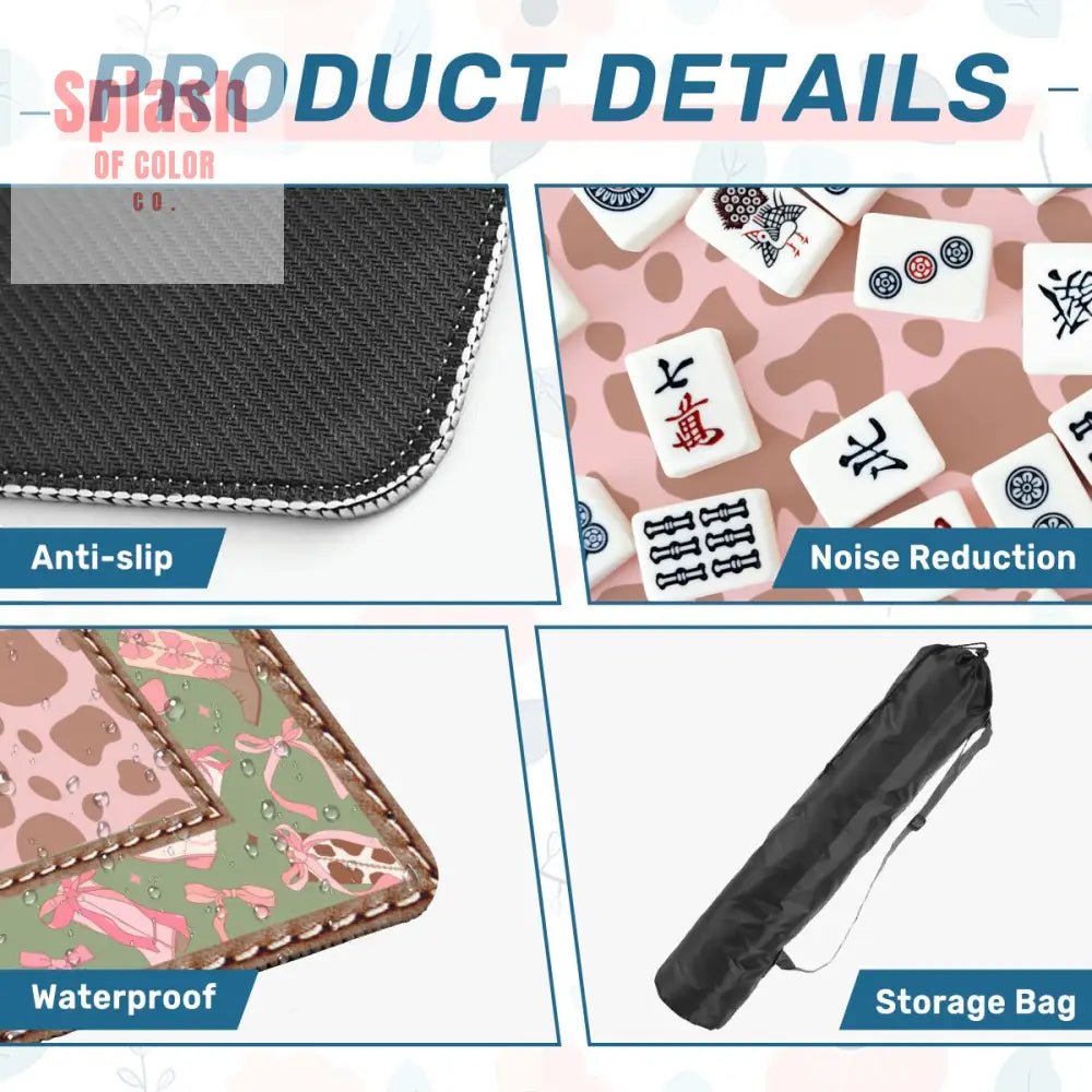 Preppy Cowgirl Mahjong Mat, Pink, Green Cow Print Fun Mahj Game Mat - Splash of Color co.