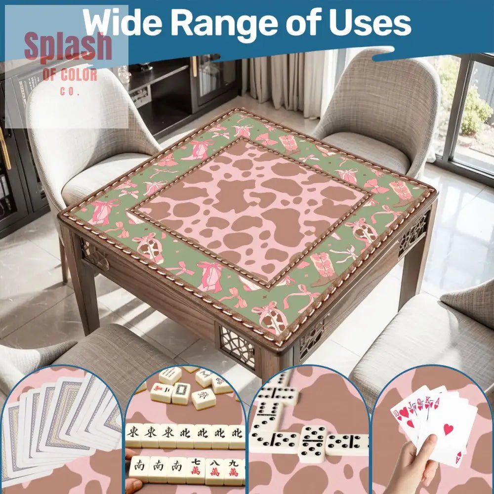 Preppy Cowgirl Mahjong Mat, Pink, Green Cow Print Fun Mahj Game Mat - Splash of Color co.