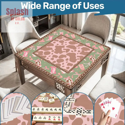 Preppy Cowgirl Mahjong Mat, Pink, Green Cow Print Fun Mahj Game Mat - Splash of Color co.