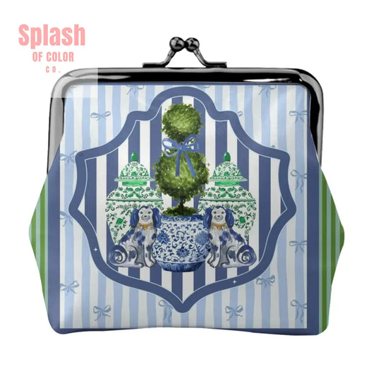Preppy Green Blue Staffordshire Dogs Chinoiserie Women’s Kiss Lock Coin Purse 4.5’’x4.1’’ Wallet