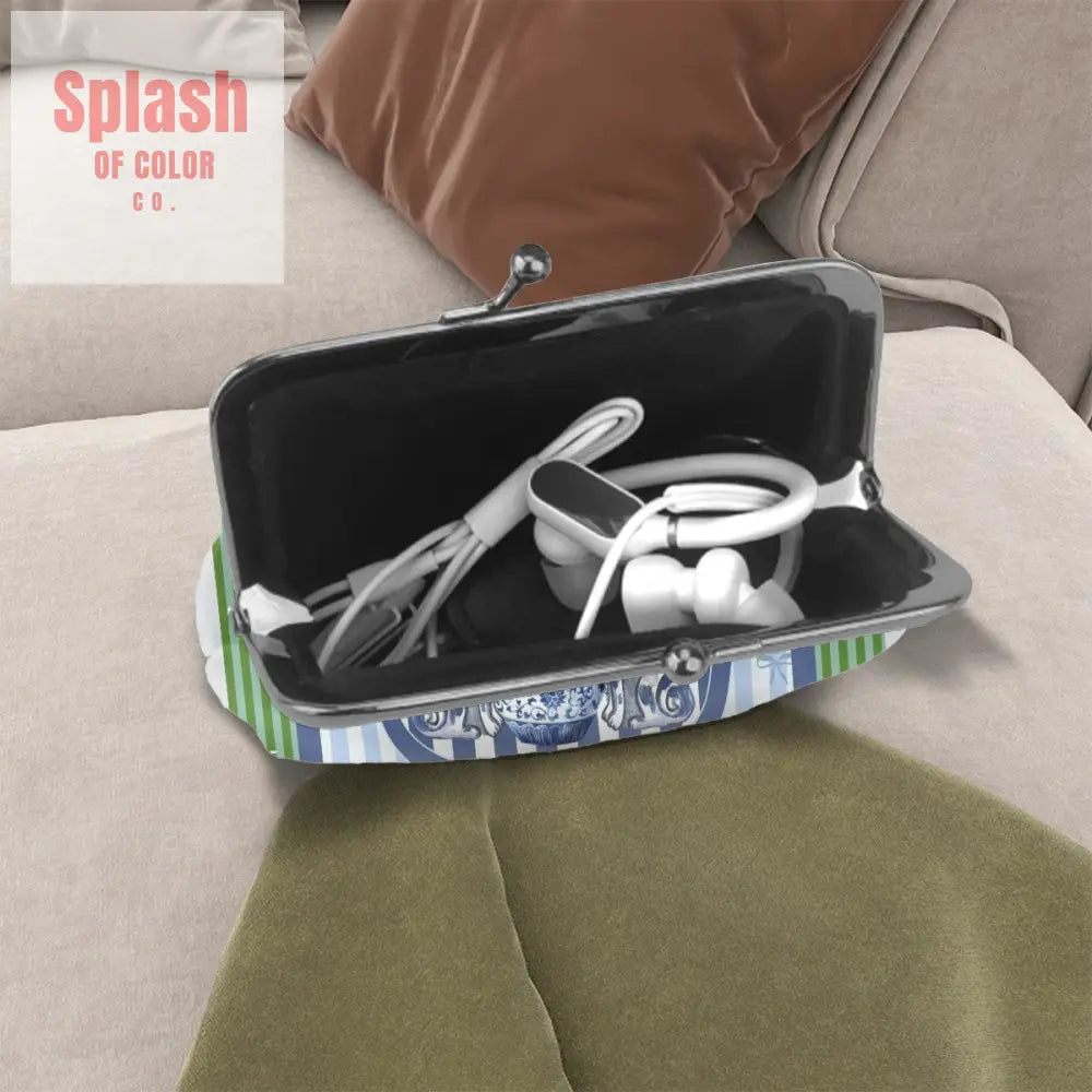 Preppy Green Blue Staffordshire Dogs Chinoiserie Women’s Kiss Lock Coin Purse 4.5’’x4.1’’ Wallet