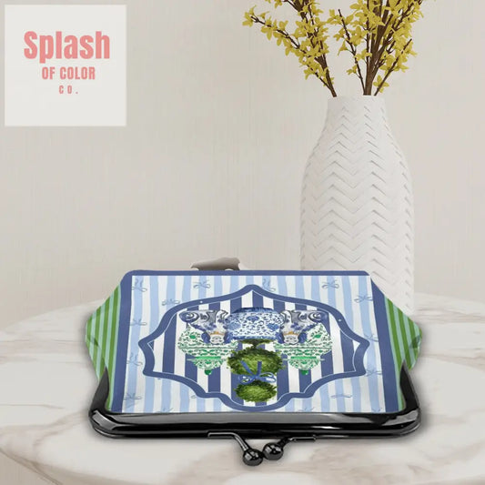 Preppy Green Blue Staffordshire Dogs Chinoiserie Women’s Kiss Lock Coin Purse 4.5’’x4.1’’ Wallet