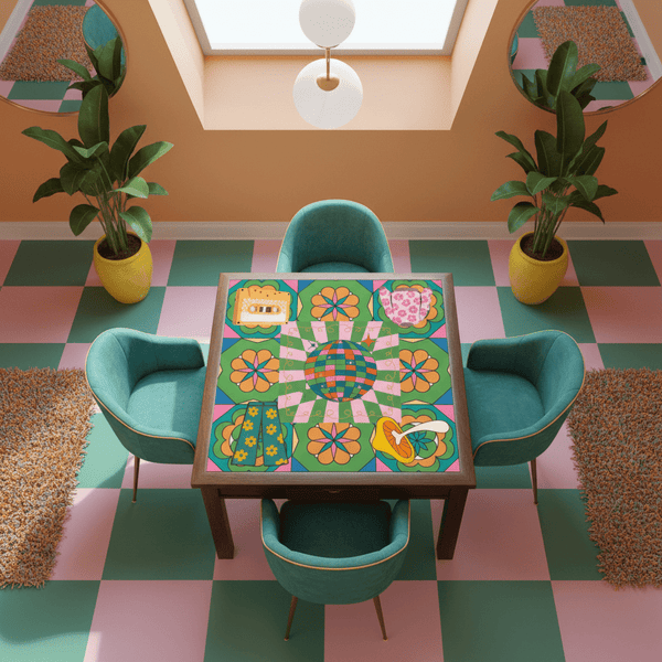 Disco Fever, Nostalgic 70s Green Orange Floral Mahjong Mat - Splash of Color Co.