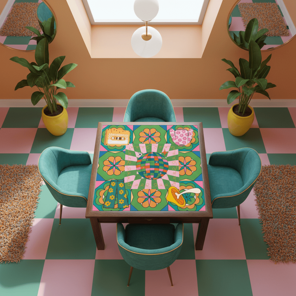 Disco Fever, Nostalgic 70s Green Orange Floral Mahjong Mat - Splash of Color Co.