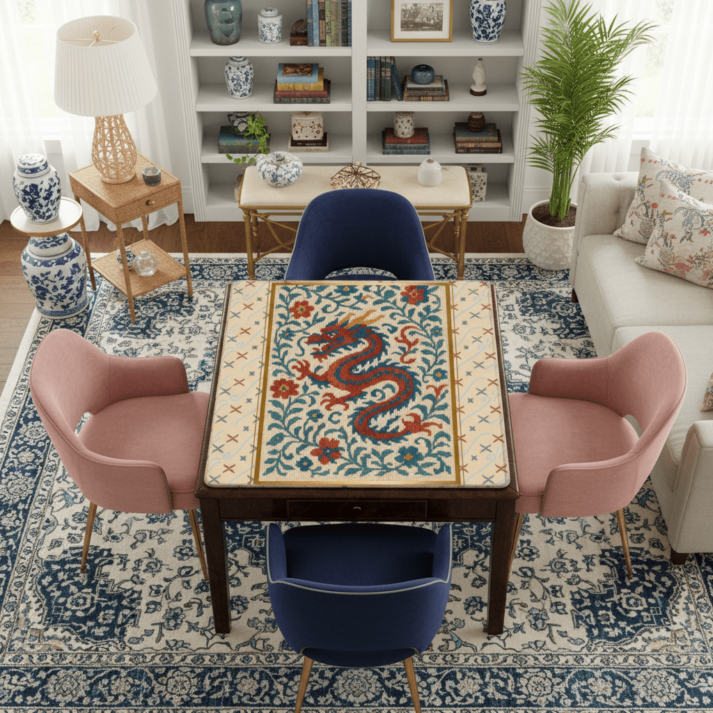 Asian Chinoiserie Dragon Embroidery Mahjong Mat, Faux Needle Point Mahj Mat - Splash of Color Co.