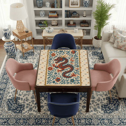 Asian Chinoiserie Dragon Embroidery Mahjong Mat, Faux Needle Point Mahj Mat - Splash of Color Co.