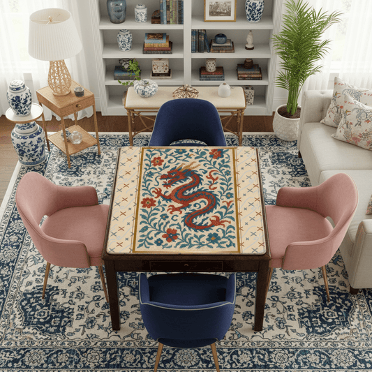 Asian Chinoiserie Dragon Embroidery Mahjong Mat, Faux Needle Point Mahj Mat - Splash of Color Co.