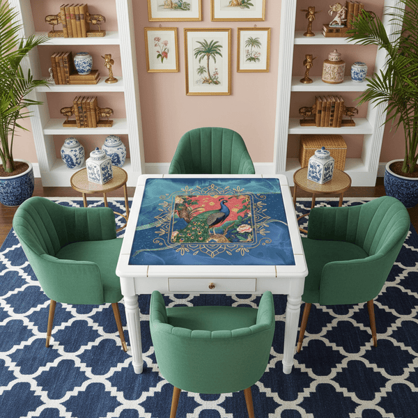 Peacock Elegant Marbled Blue, Chinoiserie Asian Garden Mahjong Mat - Splash of Color Co.