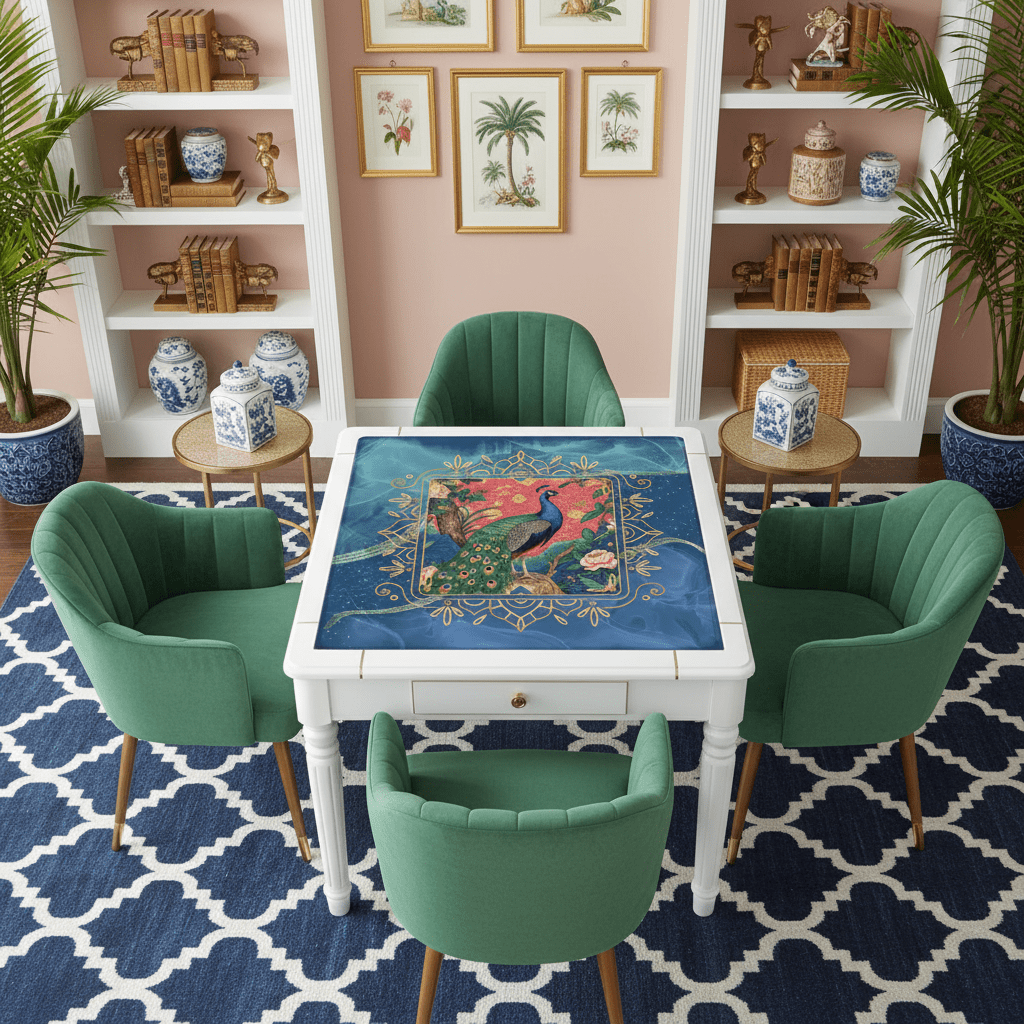 Peacock Elegant Marbled Blue, Chinoiserie Asian Garden Mahjong Mat - Splash of Color Co.