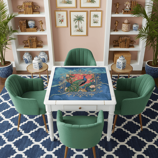 Peacock Elegant Marbled Blue, Chinoiserie Asian Garden Mahjong Mat - Splash of Color Co.