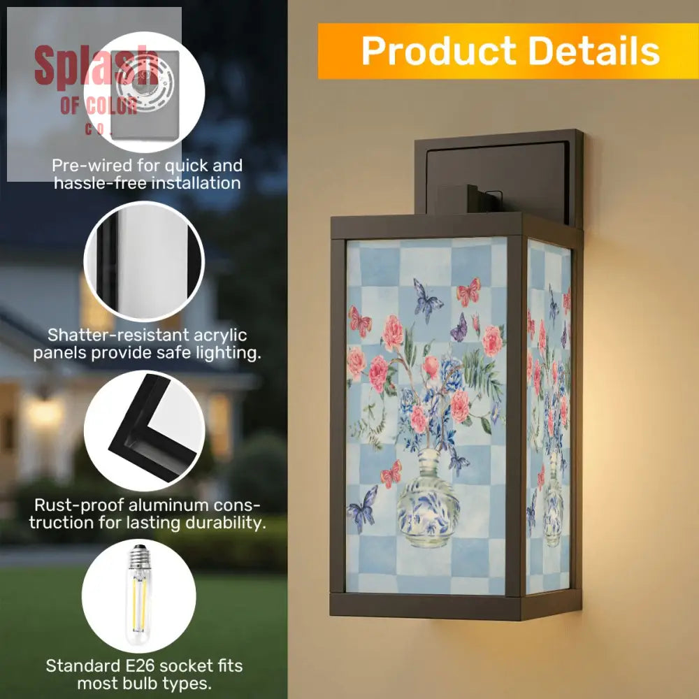 Pretty Asian Garden Zen Blue Pink Butterfly Chinoiserie Patio Wall Light Sconce - One Size - Wall Lighting