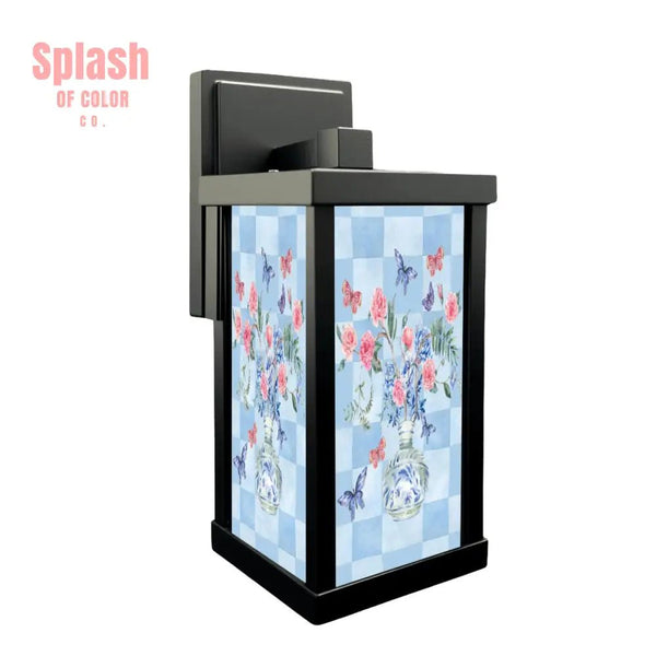 Pretty Asian Garden Zen Blue Pink Butterfly Chinoiserie Patio Wall Light Sconce - One Size - Wall Lighting