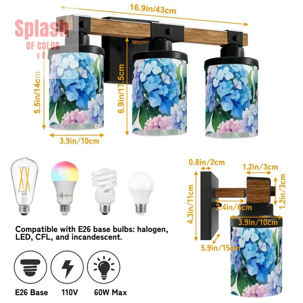 Pretty Floral Hydrangeas Blue Pink Purple Asian Garden Zen Vanity Light Fixture One Size Wall Lighting