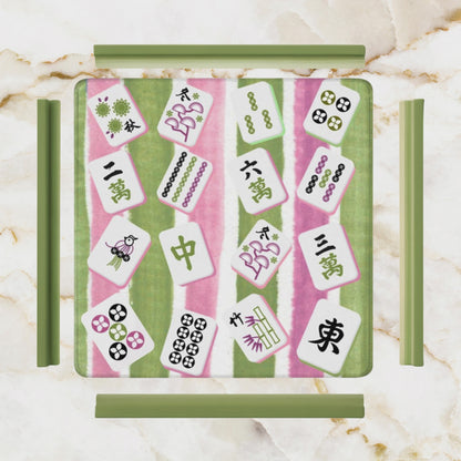 Mahjong Mat Green, Pink Watercolor Striped, Whimsical Mahjong Tiles Game Mat