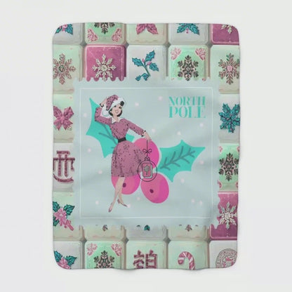 Mahjong Christmas Blanket, Nostalgic Vintage Christmas Stamp Sherpa Blanket