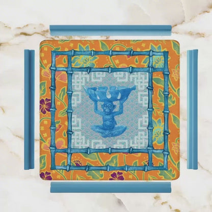 Blue, Orange Floral Monkey Chinoiserie Whimsical Mahjong Mat