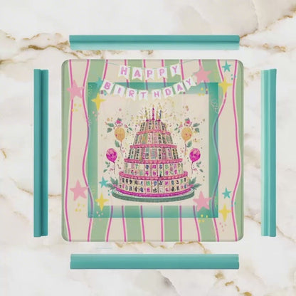 Happy Birthday Mahjong Mat, Tiered Mahjong Cake, Whimsical Pink Green Striped