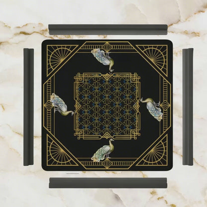 Art Deco Mahjong Mat, Black Gold, Floral Peacock Elegant Mahj Mat