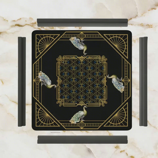 Art Deco Mahjong Mat, Black Gold, Floral Peacock Elegant Mahj Mat