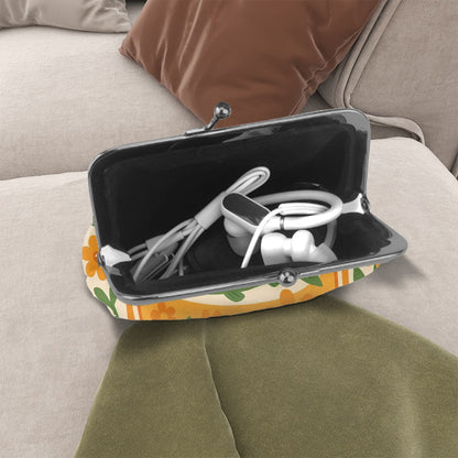 Quirky Cute Sardine Tinned Fish Orange Green Floral Women’s Leather Kiss Lock Coin Purse - 4.5’’x4.1’’ - Wallet