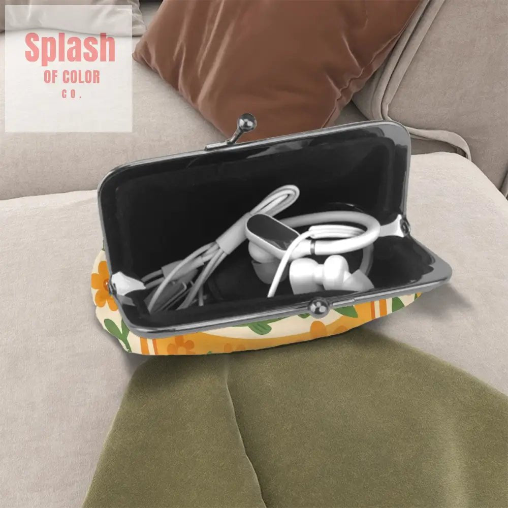 Quirky Cute Sardine Tinned Fish Orange Green Floral Women’s Leather Kiss Lock Coin Purse - 4.5’’x4.1’’ - Wallet