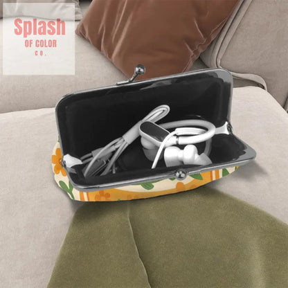 Quirky Cute Sardine Tinned Fish Orange Green Floral Women’s Leather Kiss Lock Coin Purse - 4.5’’x4.1’’ - Wallet