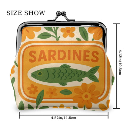 Quirky Cute Sardine Tinned Fish Orange Green Floral Women’s Leather Kiss Lock Coin Purse - 4.5’’x4.1’’ - Wallet