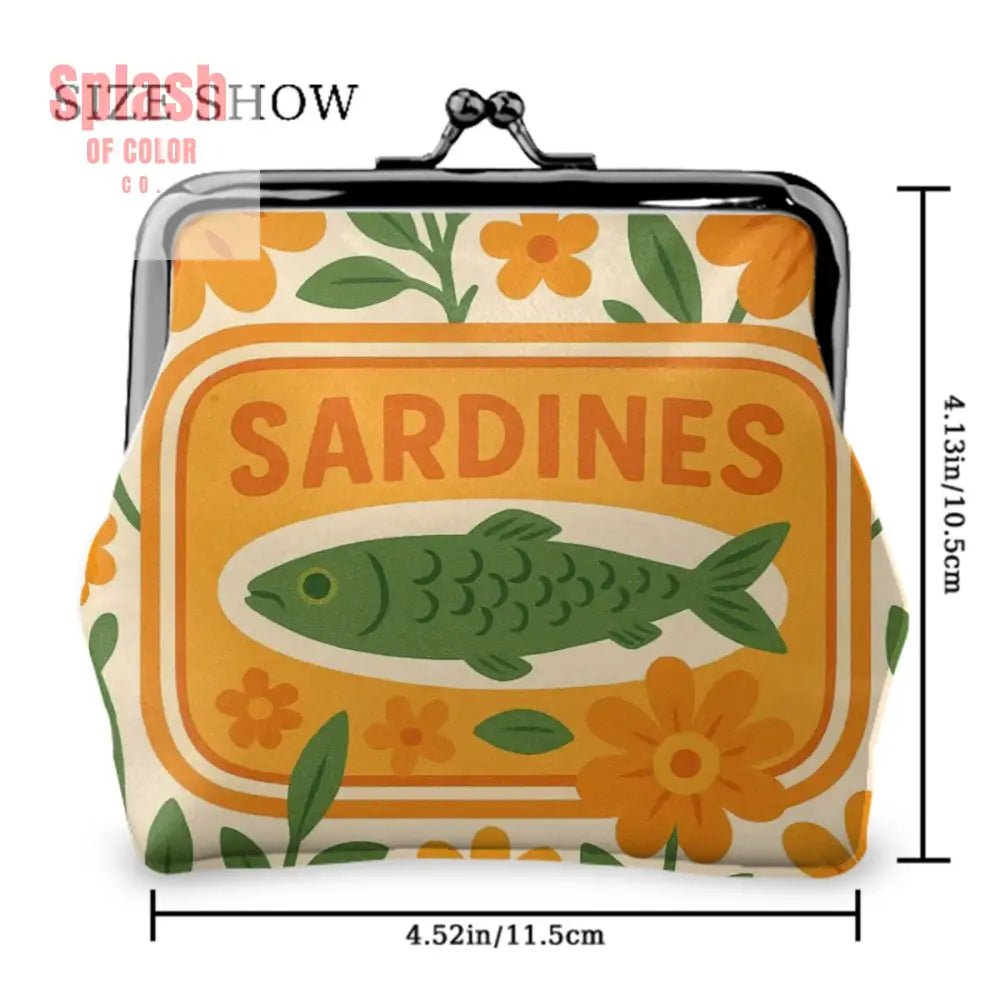 Quirky Cute Sardine Tinned Fish Orange Green Floral Women’s Leather Kiss Lock Coin Purse - 4.5’’x4.1’’ - Wallet