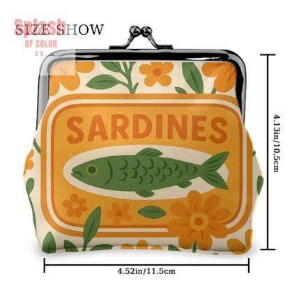 Quirky Cute Sardine Tinned Fish Orange Green Floral Women’s Leather Kiss Lock Coin Purse - 4.5’’x4.1’’ - Wallet