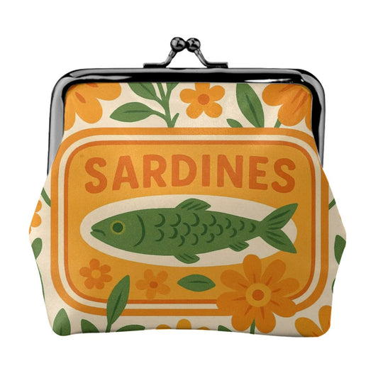 Quirky Cute Sardine Tinned Fish Orange Green Floral Women’s Leather Kiss Lock Coin Purse - 4.5’’x4.1’’ - Wallet