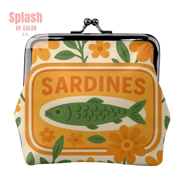 Quirky Cute Sardine Tinned Fish Orange Green Floral Women’s Leather Kiss Lock Coin Purse - 4.5’’x4.1’’ - Wallet