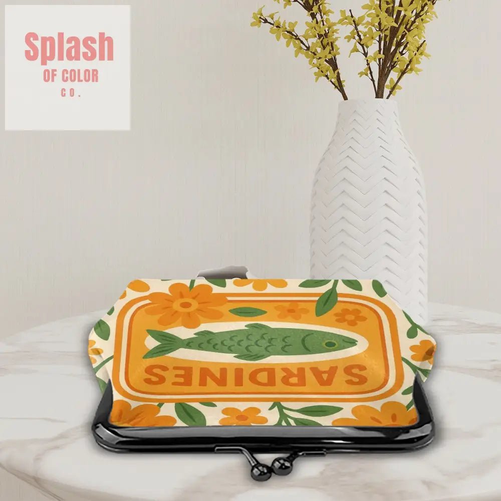 Quirky Cute Sardine Tinned Fish Orange Green Floral Women’s Leather Kiss Lock Coin Purse - 4.5’’x4.1’’ - Wallet