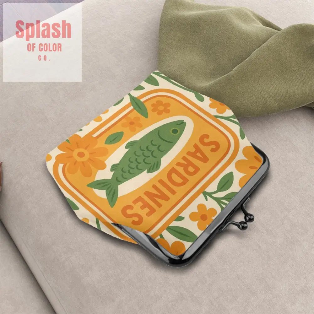 Quirky Cute Sardine Tinned Fish Orange Green Floral Women’s Leather Kiss Lock Coin Purse - 4.5’’x4.1’’ - Wallet