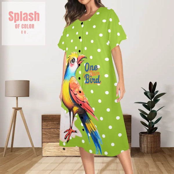 Quirky Mahjong One Bam Bird Green Polka Dot Ladies Muumuu Dress Pajamas