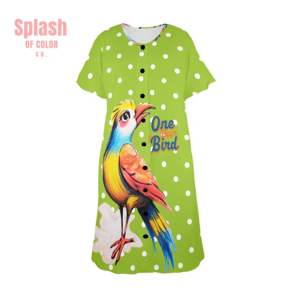 Quirky Mahjong One Bam Bird Green Polka Dot Ladies Muumuu Dress Pajamas