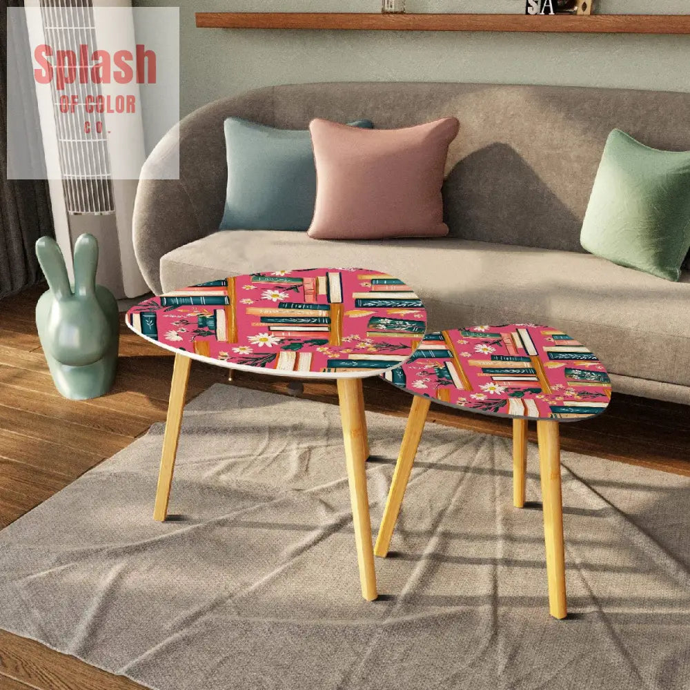 Reading Nook Hot Pink Floral Designed Cozy Modern Triangle Coffee Table Set of 2 One Size Home Accessories