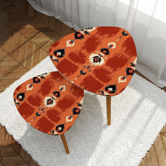 Red & Burnt Orange Ikat Nesting Tables – Watercolor Boho Coffee Table Set Bamboo Accent Tables for Stylish Home Decor