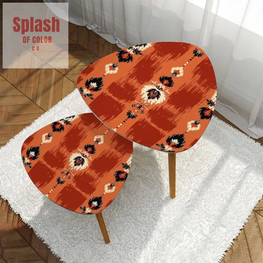 Red & Burnt Orange Ikat Nesting Tables – Watercolor Boho Coffee Table Set Bamboo Accent Tables for Stylish Home Decor