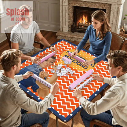 Rose The Riveter Preppy Orange Zig Zag Blue Polka Dot Mahjong Mat - 31.5’’x31.5’’ - Daily Accessories