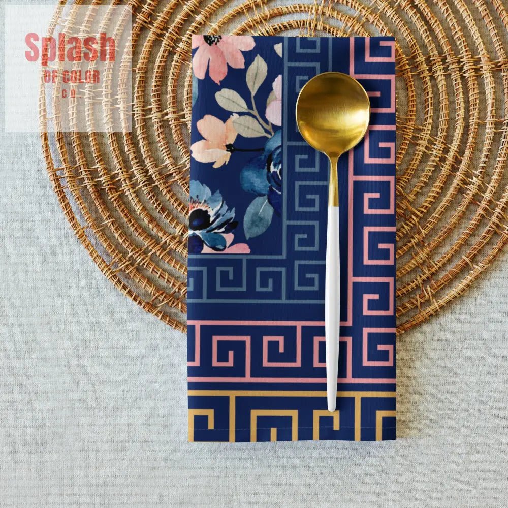 Royal Blue Floral Heritage Greek Key Designed Dinner Napkins - Splash of Color co.