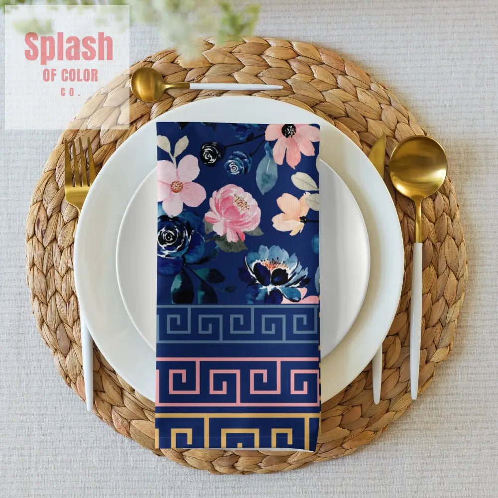 Royal Blue Floral Heritage Greek Key Designed Dinner Napkins - Splash of Color co.