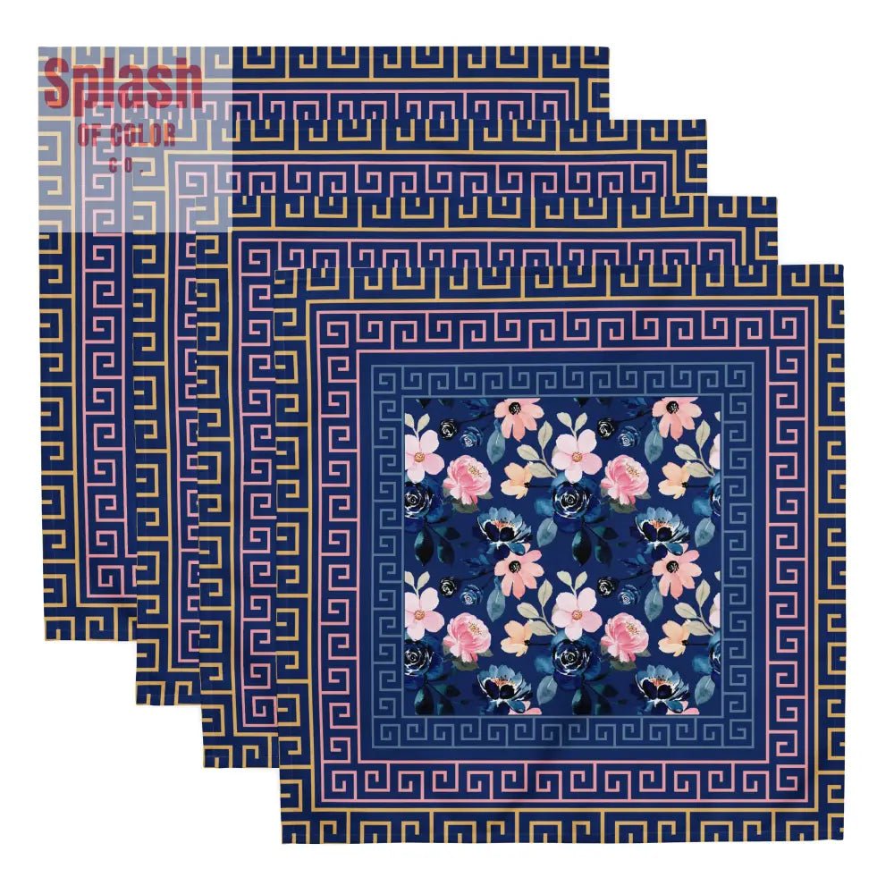Royal Blue Floral Heritage Greek Key Designed Dinner Napkins - Splash of Color co.