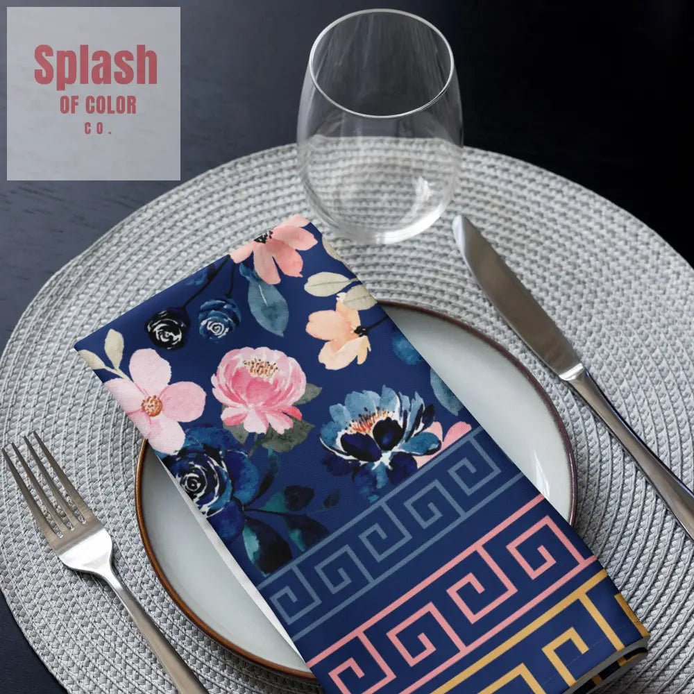 Royal Blue Floral Heritage Greek Key Designed Dinner Napkins - Splash of Color co.