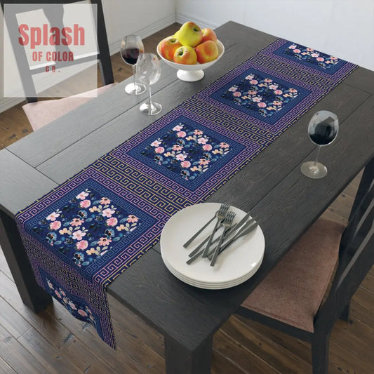 Royal Blue Floral Table Runner Greek Key Designed Border 16’’ × 72’’ / Polyester Home Decor