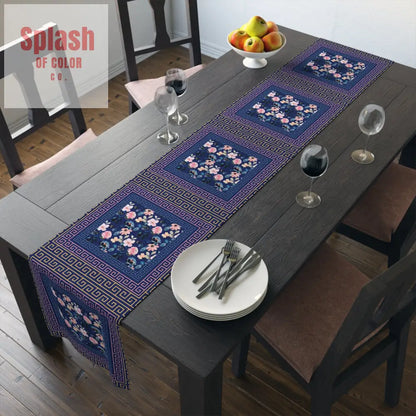 Royal Blue Floral Table Runner Greek Key Designed Border Home Decor