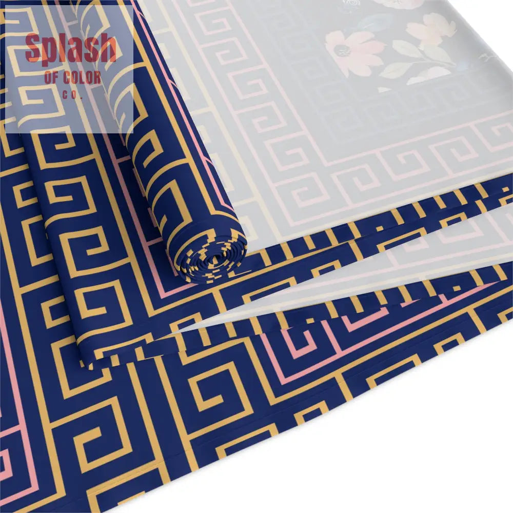 Royal Blue Floral Table Runner Greek Key Designed Border Home Decor