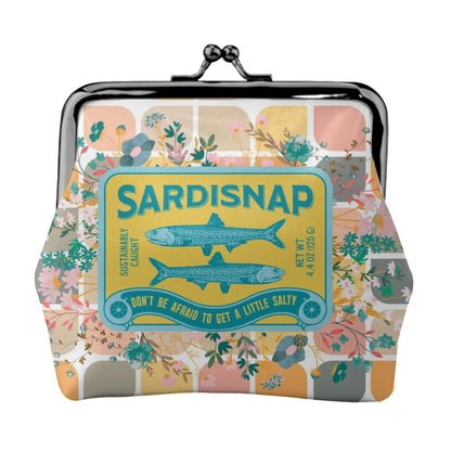 Sardine Can Tinned Fish Floral Modern Quirky Women’s Leather Kiss Lock Coin Purse - 4.5’’x4.1’’ - Wallet