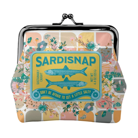 Sardine Can Tinned Fish Floral Modern Quirky Women’s Leather Kiss Lock Coin Purse - 4.5’’x4.1’’ - Wallet