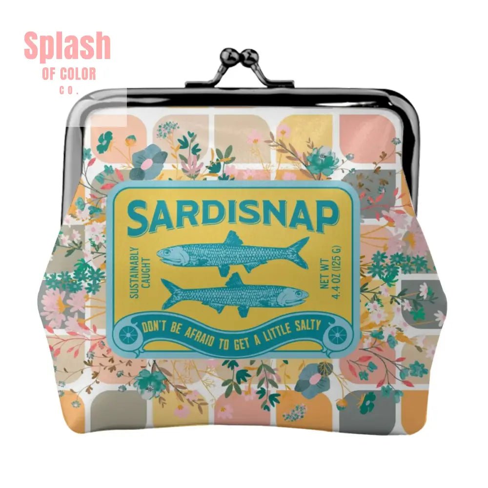 Sardine Can Tinned Fish Floral Modern Quirky Women’s Leather Kiss Lock Coin Purse - 4.5’’x4.1’’ - Wallet