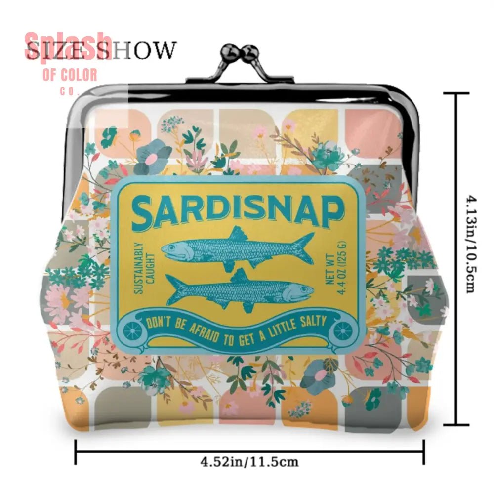 Sardine Can Tinned Fish Floral Modern Quirky Women’s Leather Kiss Lock Coin Purse - 4.5’’x4.1’’ - Wallet